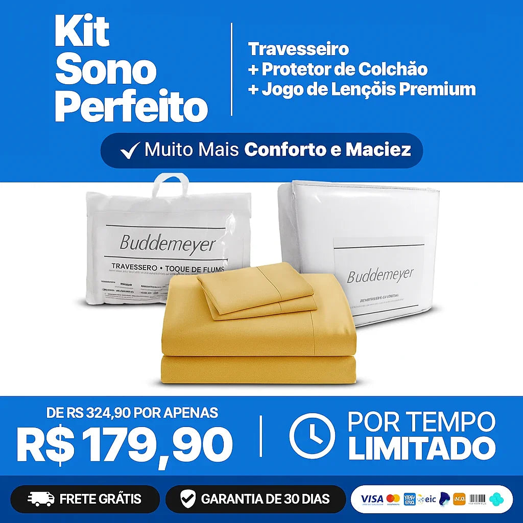Kit Sono Perfeito - Travesseiro + Protetor de Colchão + Jogo de Lençóis Premium